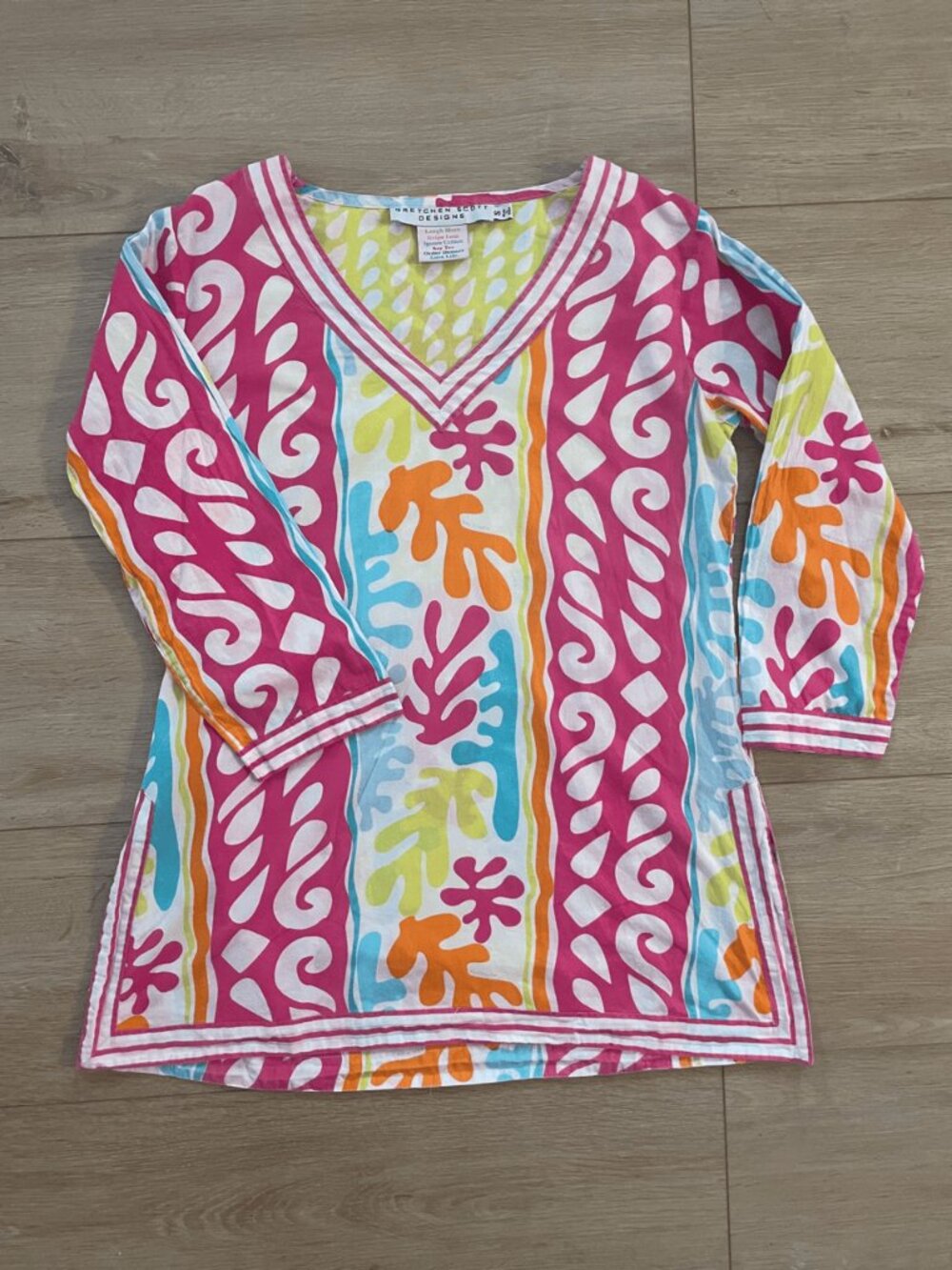 Gretchen Scott Bright Abstract Cotton V-Neck Tunic Top Pink Orange S